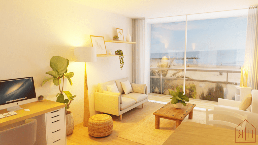Salon naturel vu sur la mer rendu 3D espace bureau