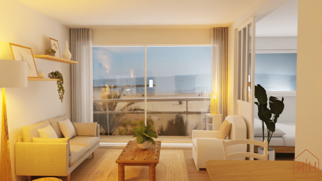 Salon naturel vu sur la mer rendu 3D