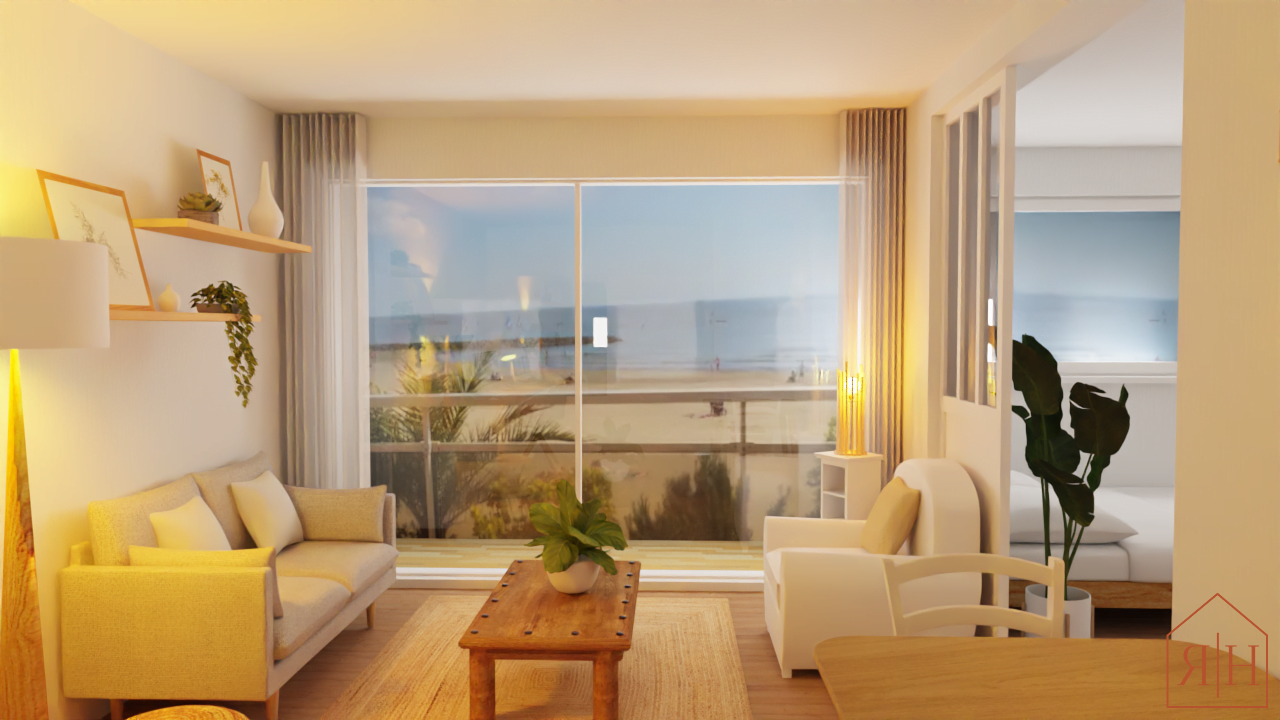 Salon naturel vu sur la mer rendu 3D