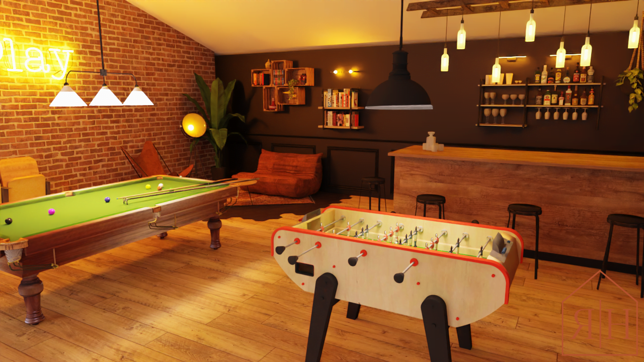 Salle de jeux rendu 3D fléchettes baby-foot étagère échelle bar billard