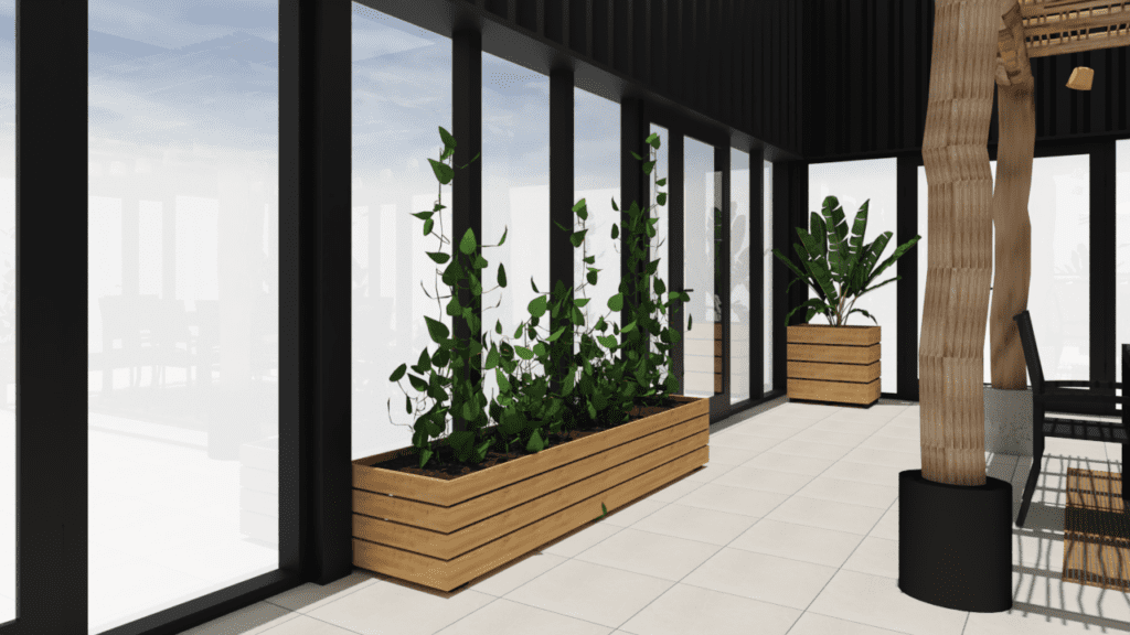 Rendu 3D rooftop espace professionnel espèce de temps terrasse pergola bois flotté eucalyptus jardinière