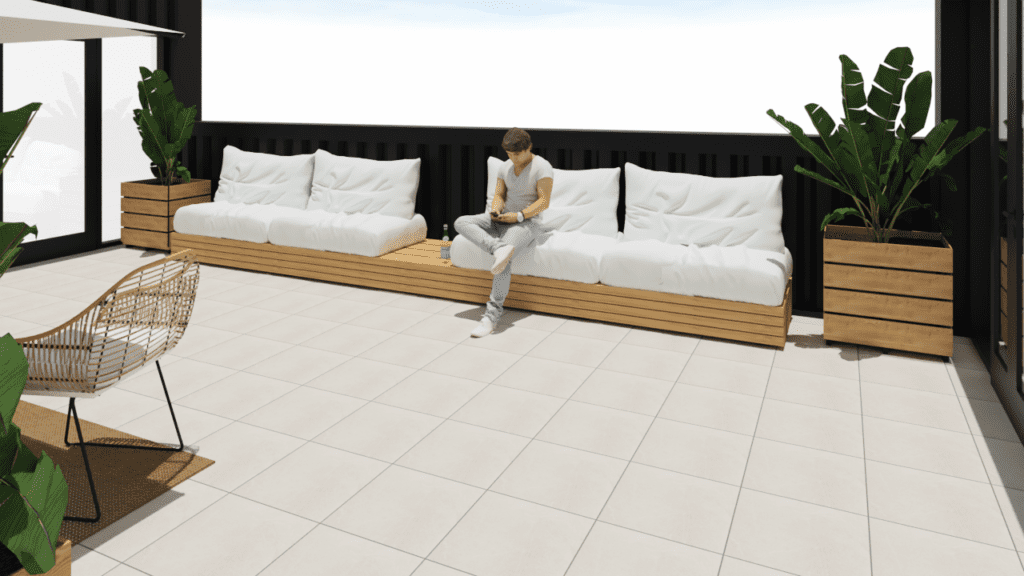 Rendu 3D rooftop espace professionnel espèce de temps terrasse pergola bois flotté eucalyptus jardinière