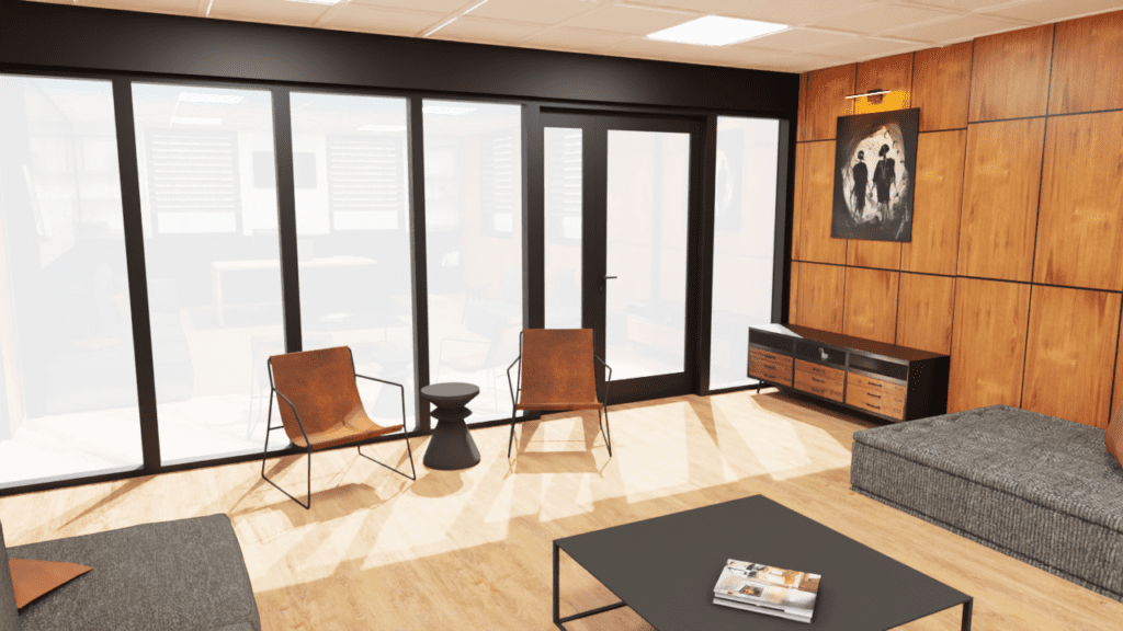 Rendu 3D bureau masculin noyer gris contemporain noir