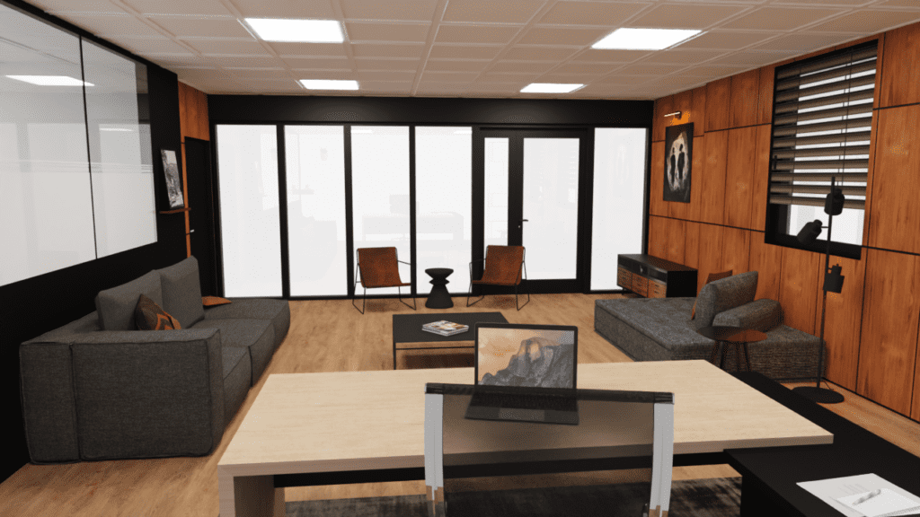 Rendu 3D bureau masculin noyer gris contemporain noir