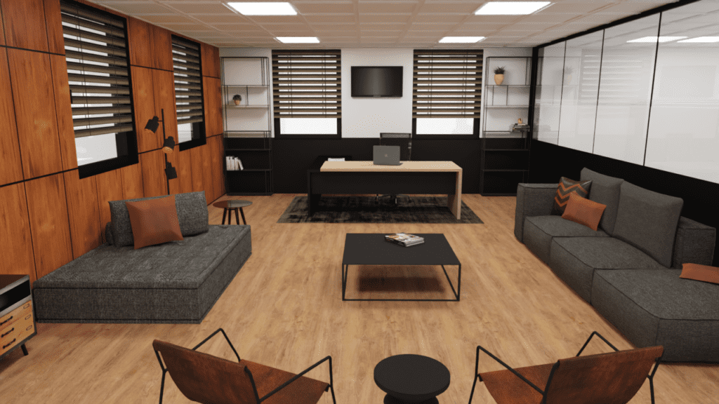 Rendu 3D bureau masculin noyer gris contemporain noir