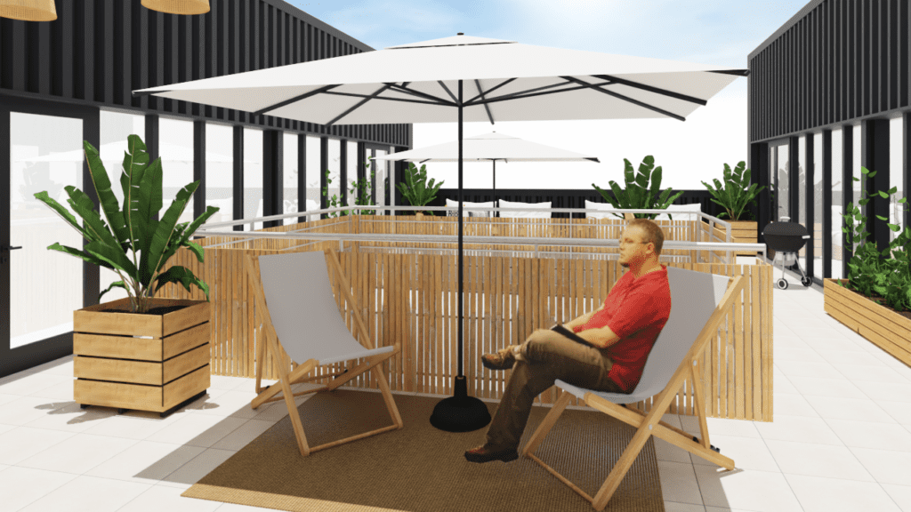 Rendu 3D rooftop espace professionnel espèce de temps terrasse pergola bois flotté eucalyptus jardinière