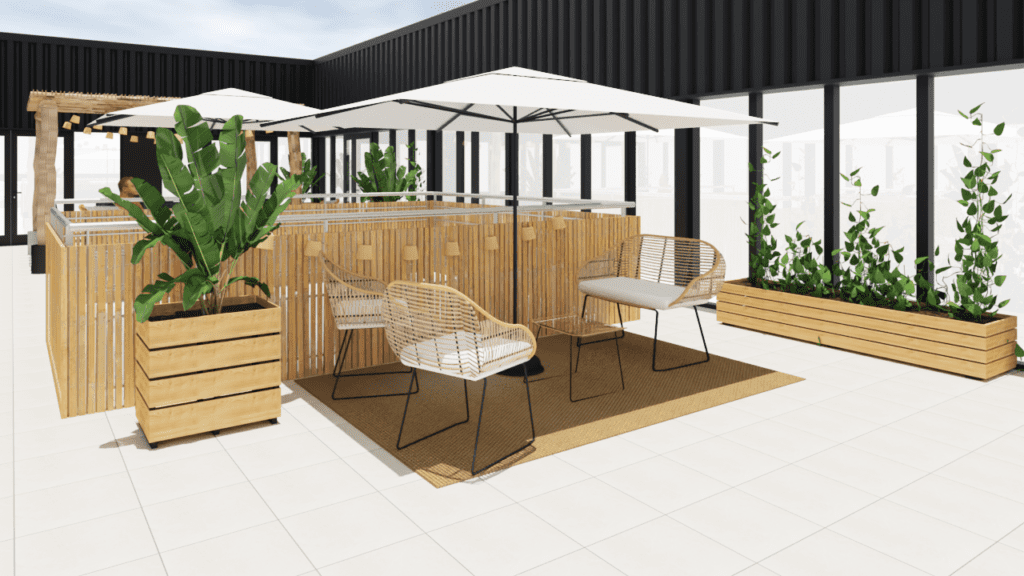 Rendu 3D rooftop espace professionnel espèce de temps terrasse pergola bois flotté eucalyptus jardinière