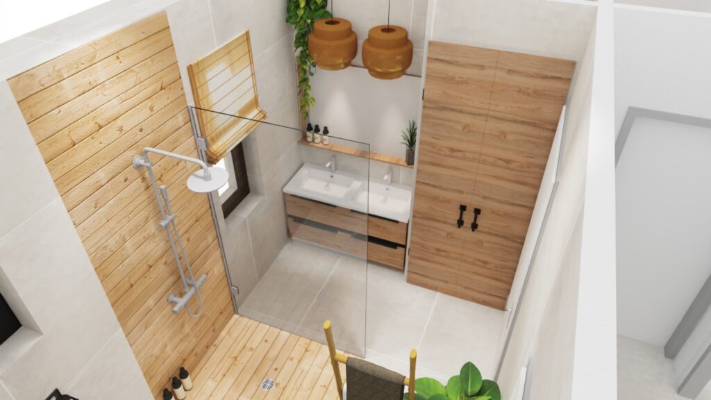 Rendu 3D salle de bain douche ouverte carrelage cric large bois Store naturelle