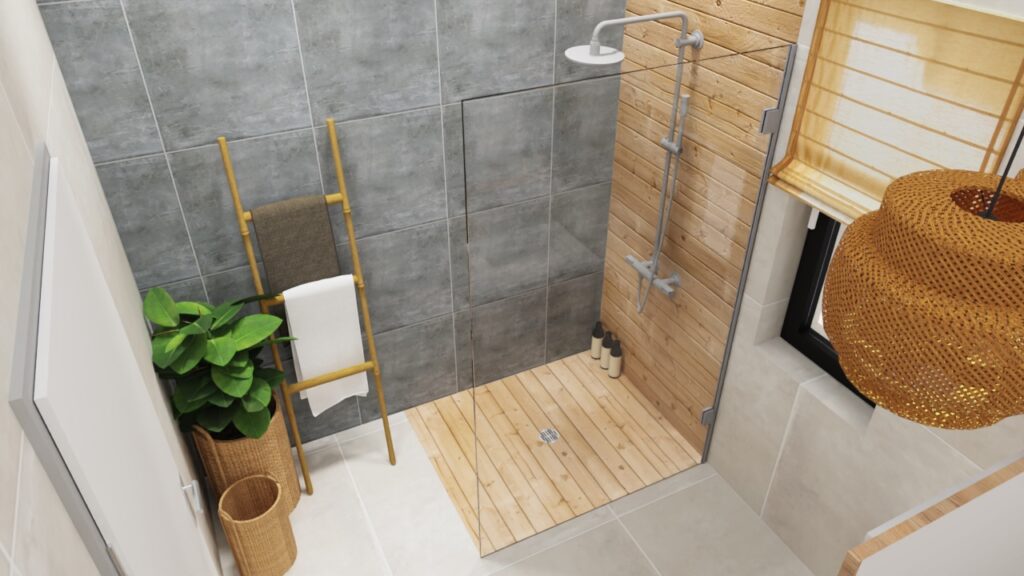 Rendu 3D salle de bain douche ouverte carrelage cric large bois Store naturelle