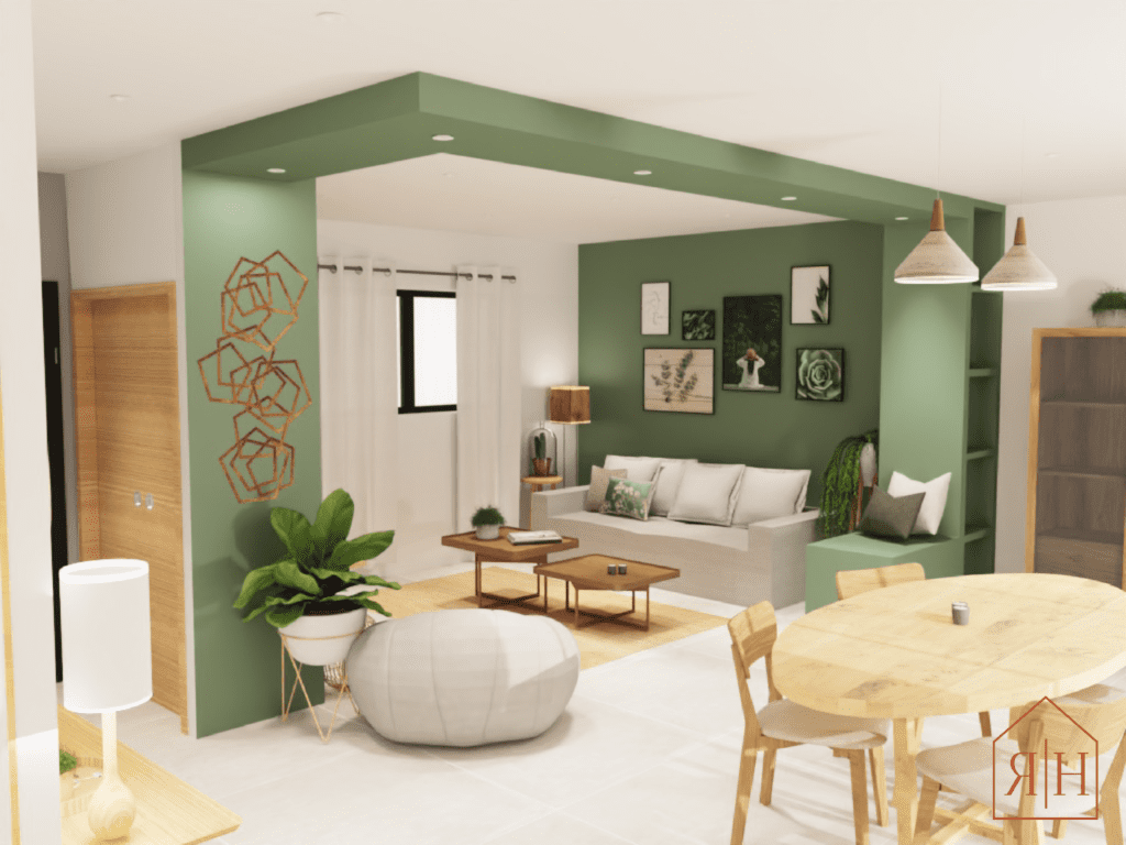 Salon contemporain arche verte spot rendu 3D maison location maison sur plan conseil déco