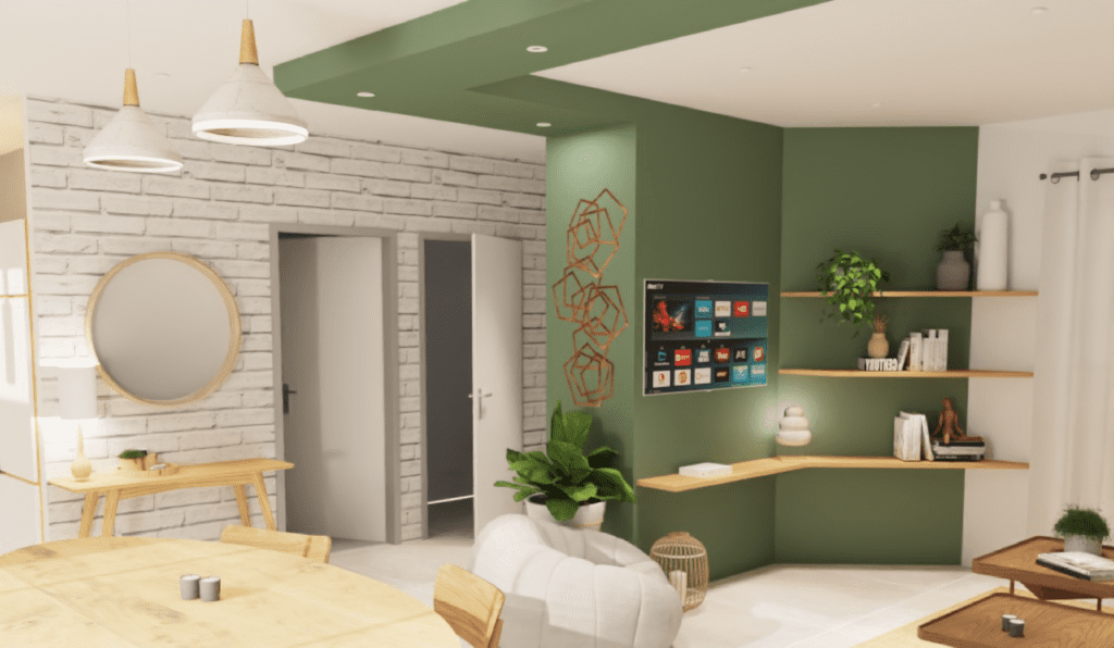Salon contemporain arche verte spot rendu 3D maison location maison sur plan conseil déco