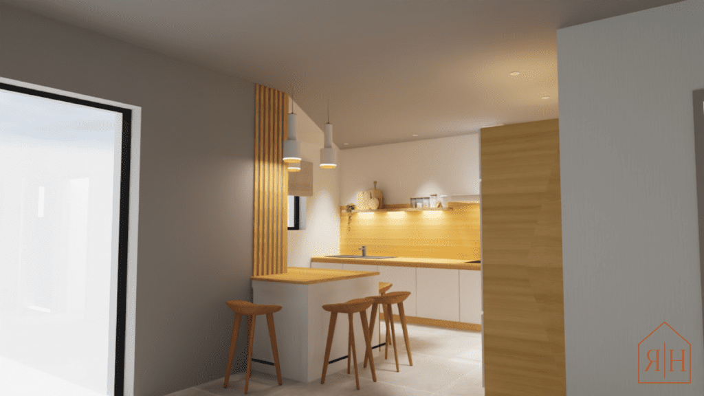 Rendu 3D cuisine naturelle blanche bois