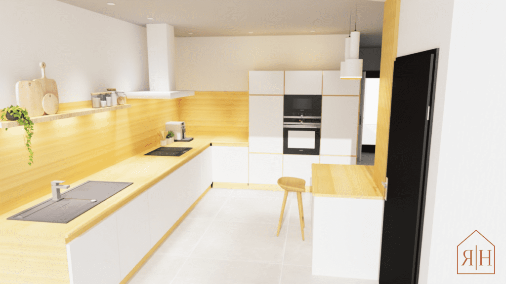 Rendu 3D cuisine naturelle blanche bois