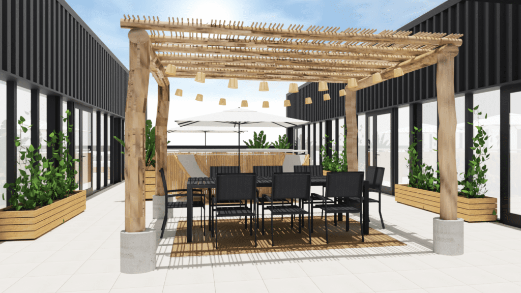 Rendu 3D rooftop espace professionnel espèce de temps terrasse pergola bois flotté eucalyptus jardinière