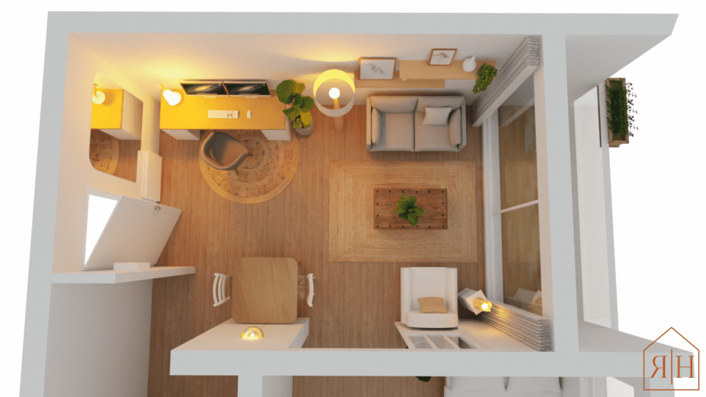 Salon naturel vu sur la mer rendu 3D espace bureau vu de dessus