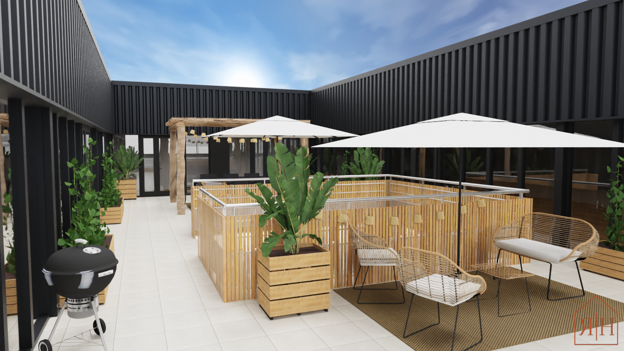Rendu 3D rooftop espace professionnel espèce de temps terrasse pergola bois flotté eucalyptus jardinière