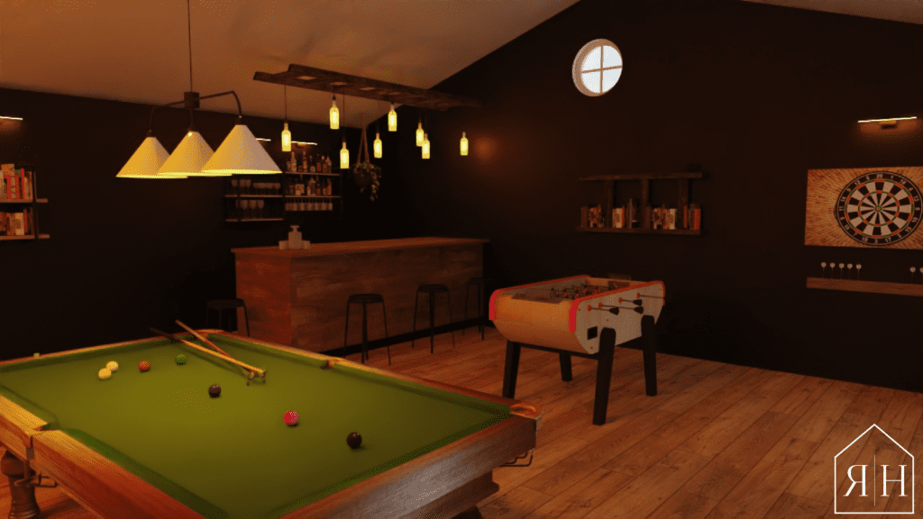 Salle de jeux rendu 3D fléchettes baby-foot étagère échelle bar billard