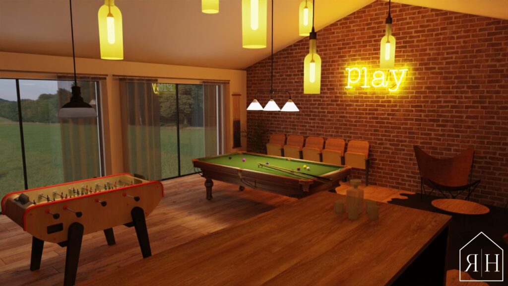 Salle de jeux rendu 3D fléchettes baby-foot étagère échelle bar billard