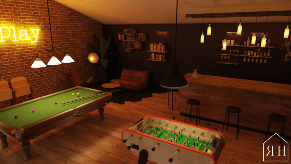 Salle de jeux rendu 3D fléchettes baby-foot étagère échelle bar billard