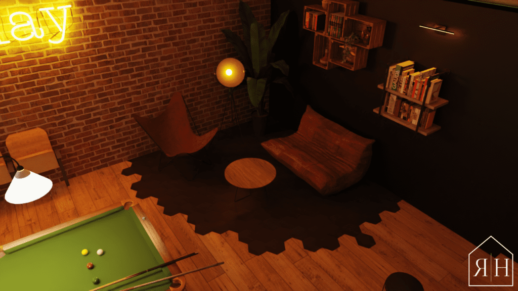 Salle de jeux rendu 3D fléchettes baby-foot étagère échelle bar billard