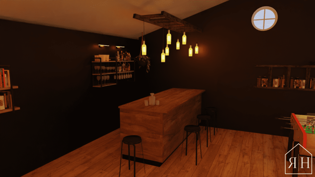 Salle de jeux rendu 3D fléchettes baby-foot étagère échelle bar