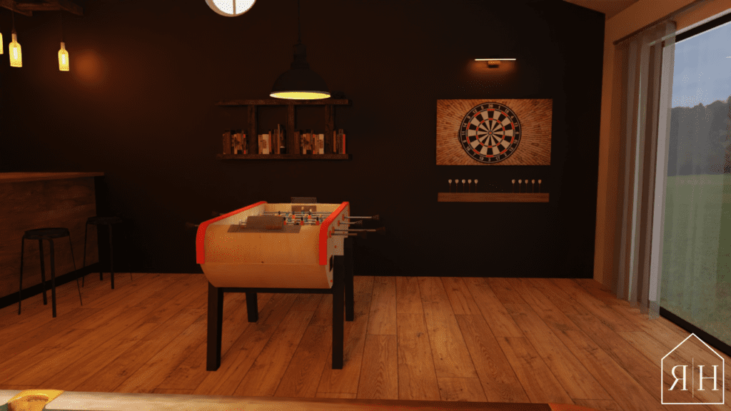 Salle de jeux rendu 3D fléchettes baby-foot étagère échelle bar