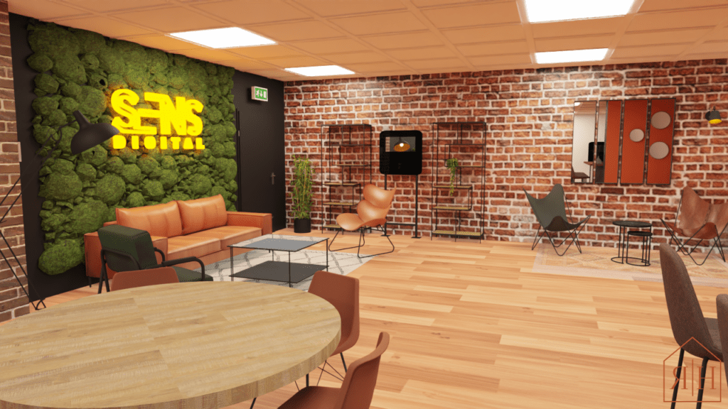 Salle de détente professionnelle rendu 3D cosy style industrielle néant logo mur végétal