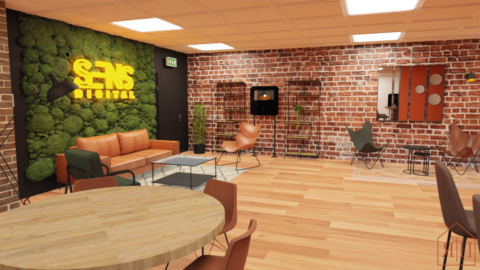 Salle de détente professionnelle rendu 3D cosy style industrielle néant logo mur végétal