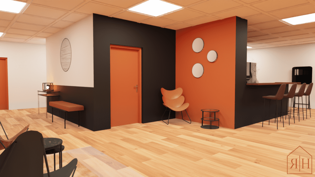 Salle de détente professionnelle rendu 3D espace repas style industriel