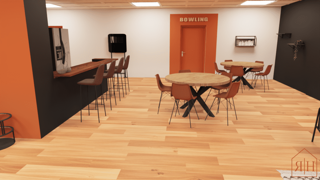 Salle de détente professionnelle rendu 3D espace repas style industriel