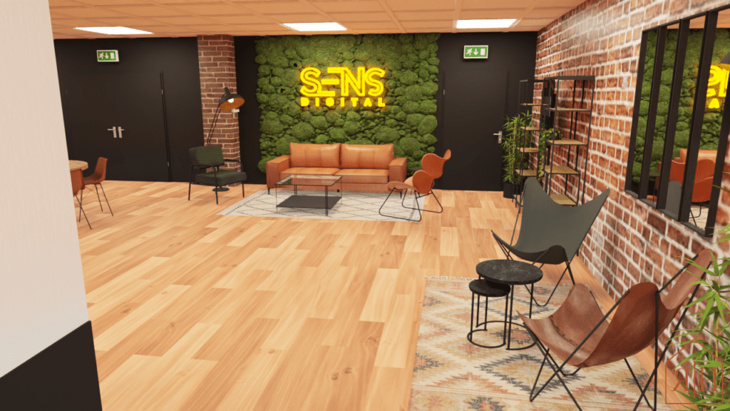 Salle de détente professionnelle rendu 3D cosy style industrielle néant logo mur végétal