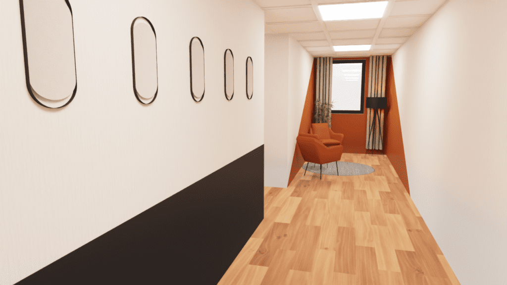 Couloir espace professionnel rendu 3D bureau