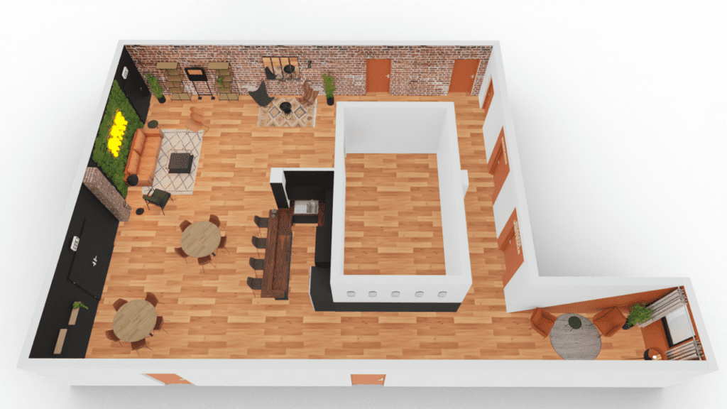 Vu dessus espace détente espace professionnel rendu 3D si l'industriel logo néon, mur végétal