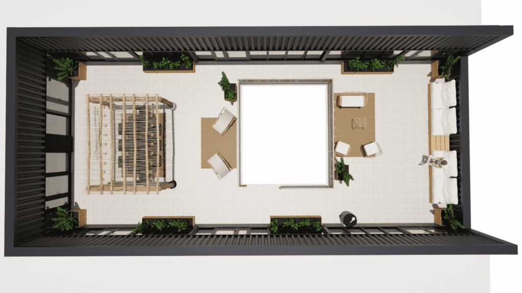 Vue dessus rendu 3D rooftop espace professionnel espèce de temps terrasse pergola bois flotté eucalyptus jardinière