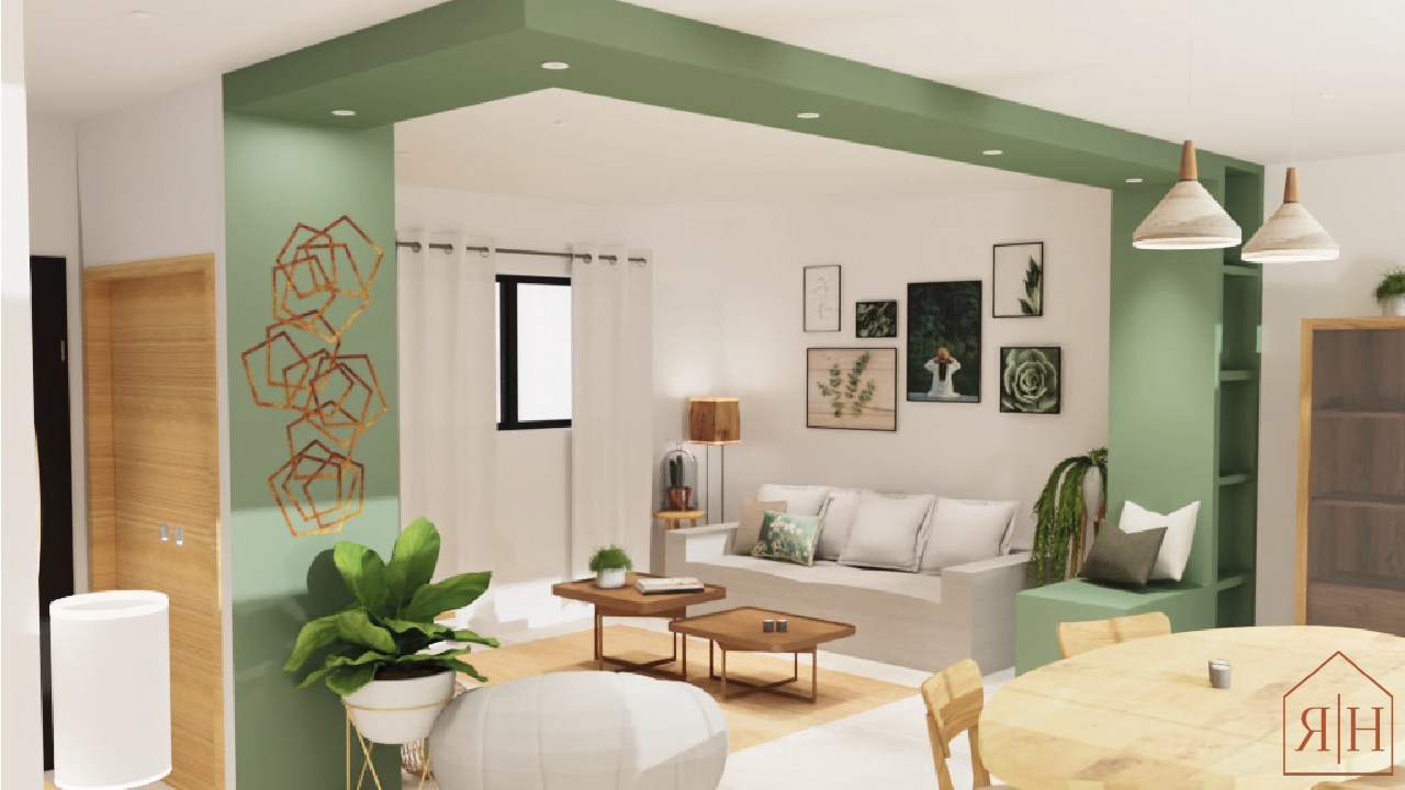 Salon contemporain arche verte spot rendu 3D maison location maison sur plan conseil déco