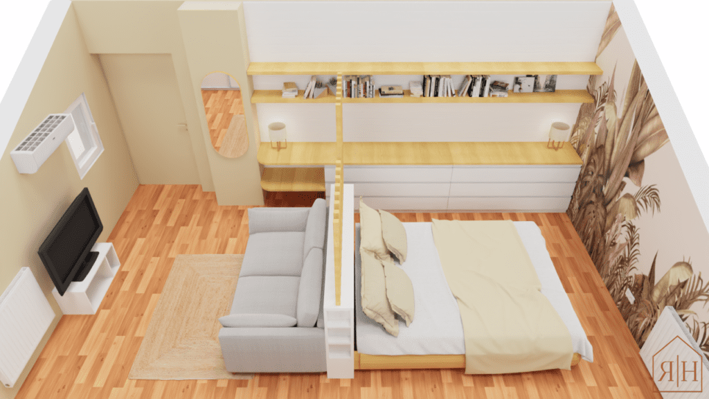 Proposition décoration rendu 3D chambre naturelle beige blanc chambre sous comble