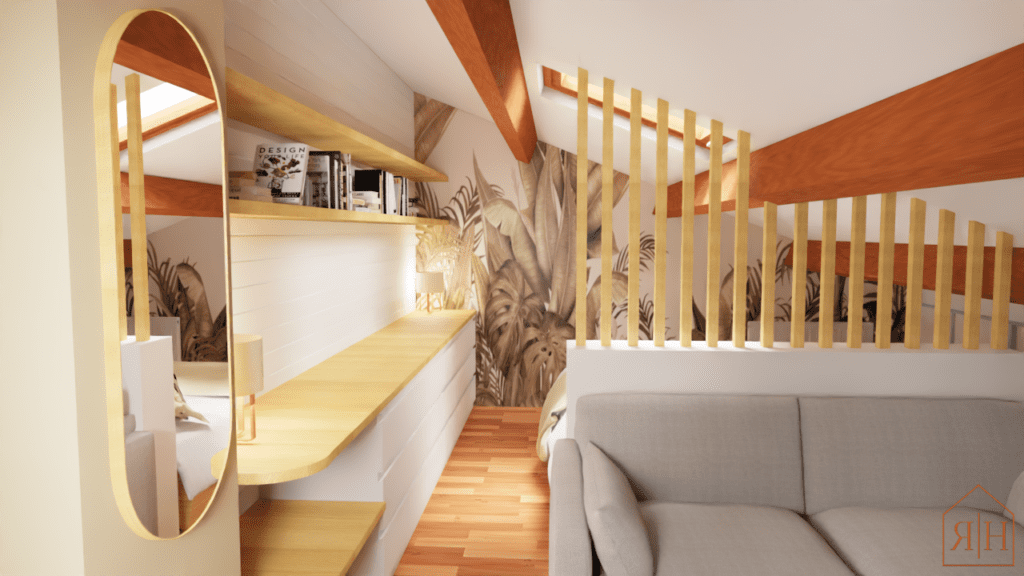 Proposition décoration rendu 3D chambre naturelle beige blanc chambre sous comble papier peint jungle