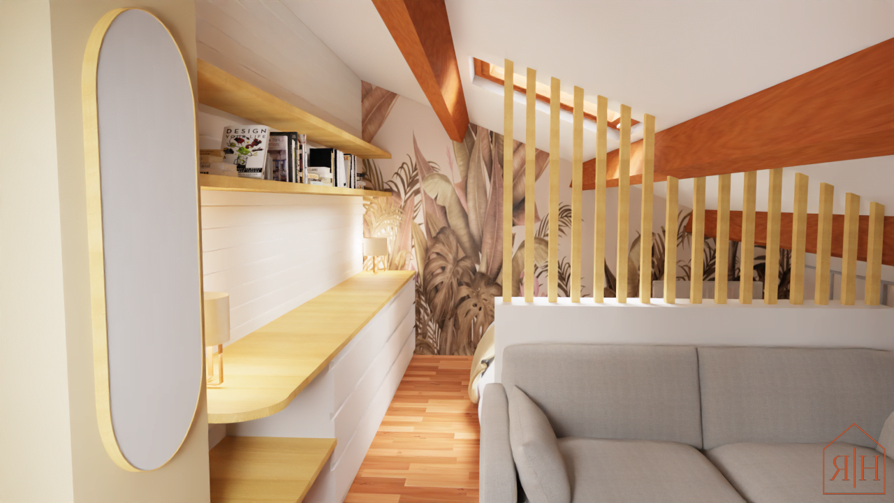 Chambre sous comble naturel proposition 3D beige blanc miroir papier peint jungle