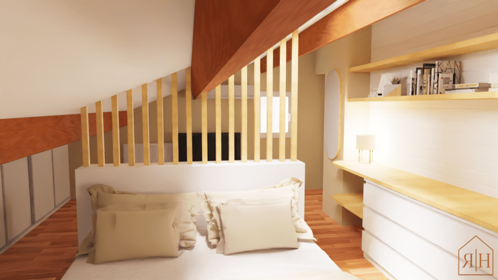 Proposition décoration rendu 3D chambre naturelle beige blanc chambre sous comble