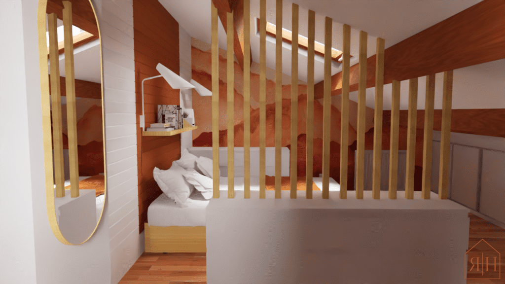Rendu 3D propositions décoration chambre terracotta bois naturel chambre sous comble