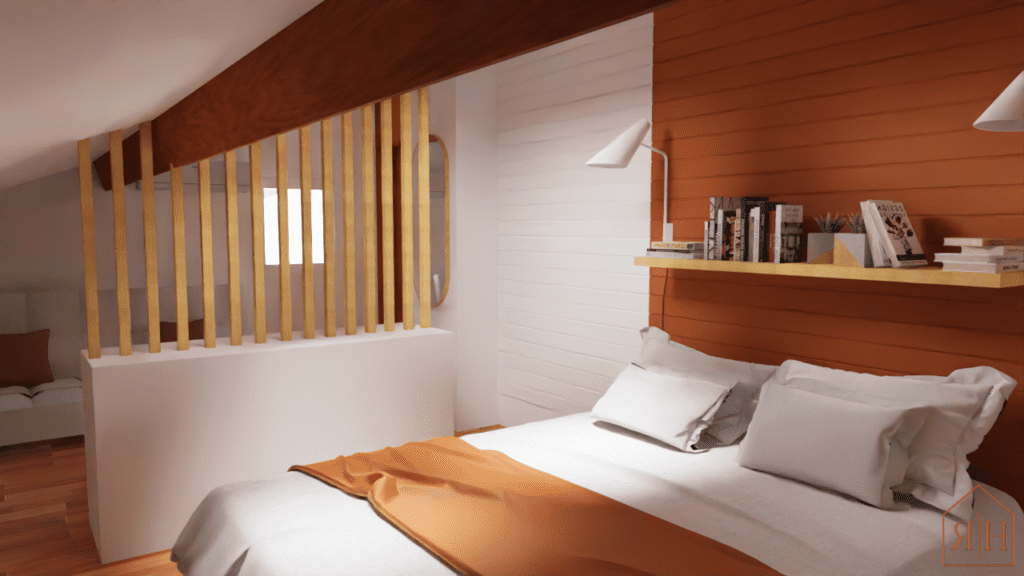 Rendu 3D propositions décoration chambre terracotta bois naturel chambre sous comble