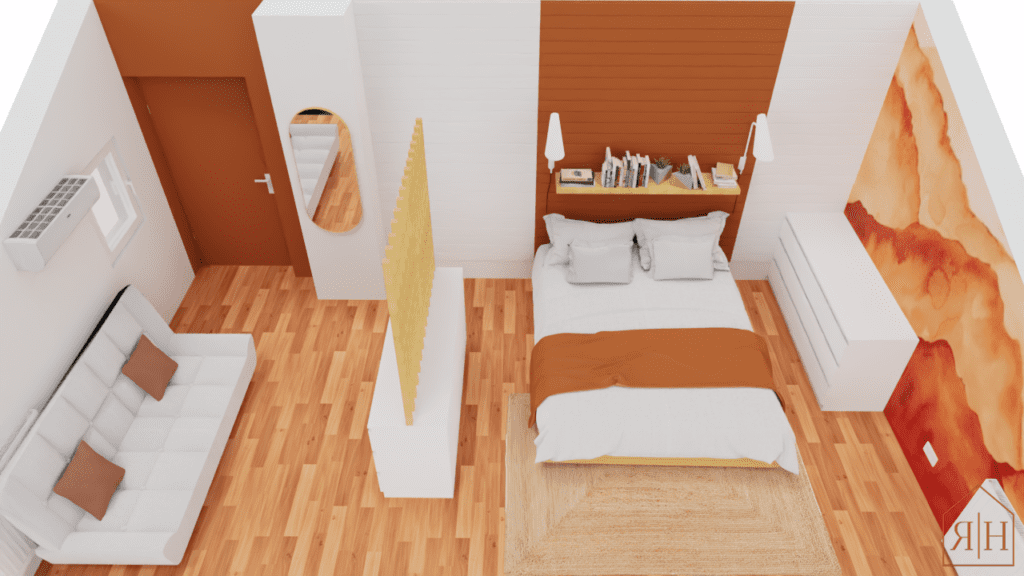 Rendu 3D propositions décoration chambre terracotta bois naturel chambre sous comble