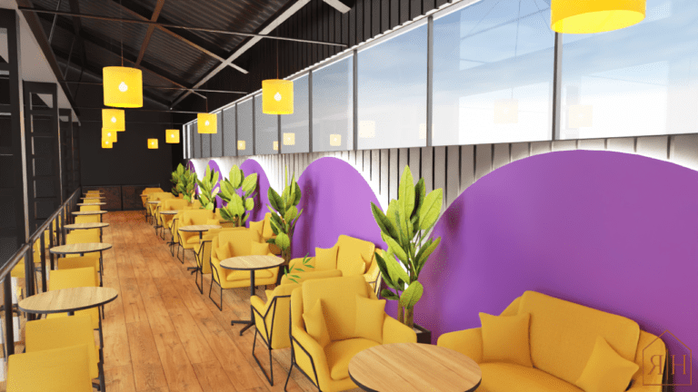 Proposition 3D décoration pour un trampoline Park arche violette assise jaune table en bois suspension naturelle plante espace professionnel