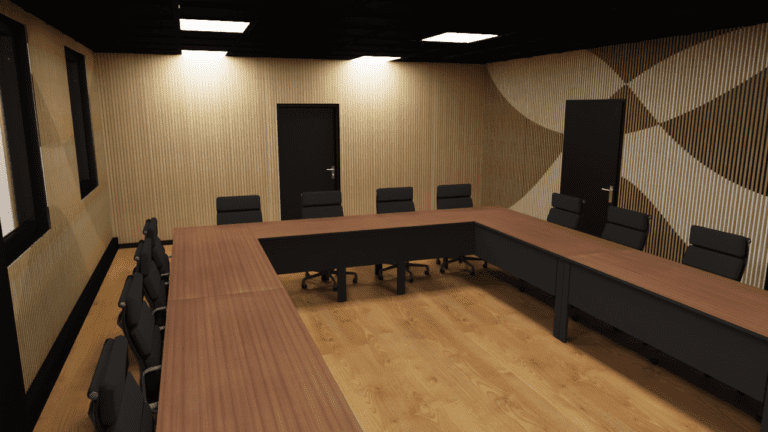 Proposition rendue 3D décoration bureau moderne contemporain noyer noir bois foncé