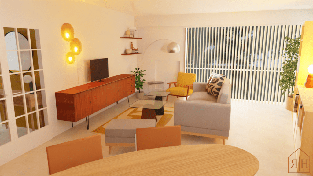 Rendu 3D salon vintage coloré