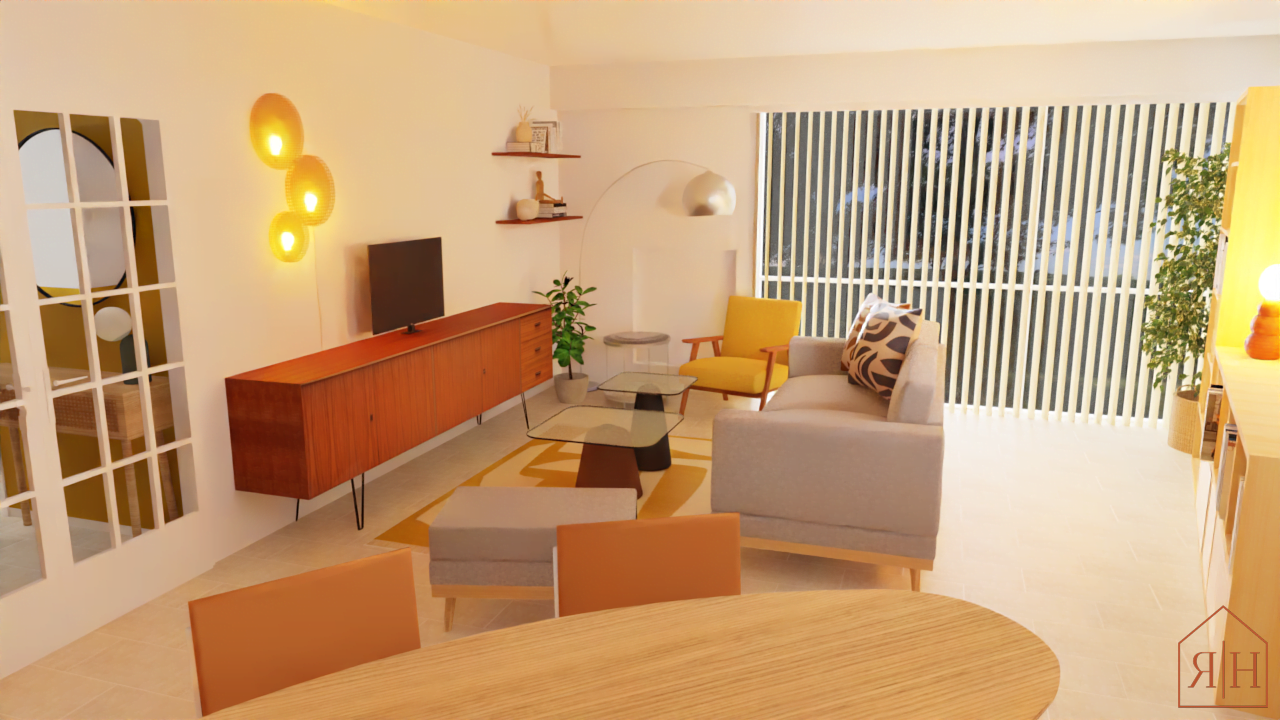 Proposition de décoration rendu 3D salon vintage coloré