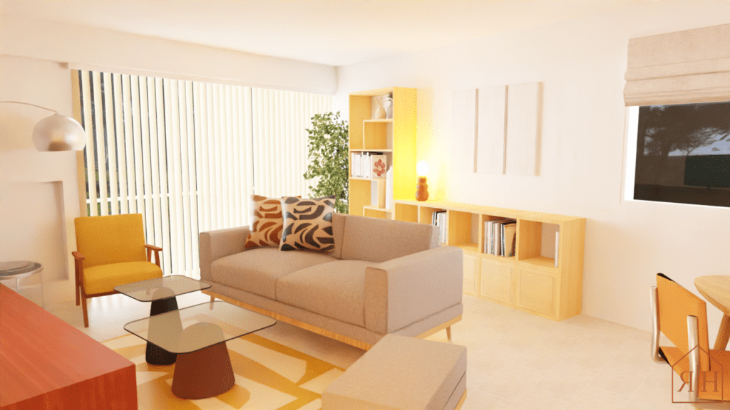 Rendu 3D salon vintage coloré