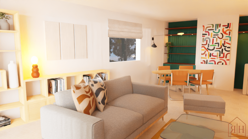 Rendu 3D salon vintage coloré