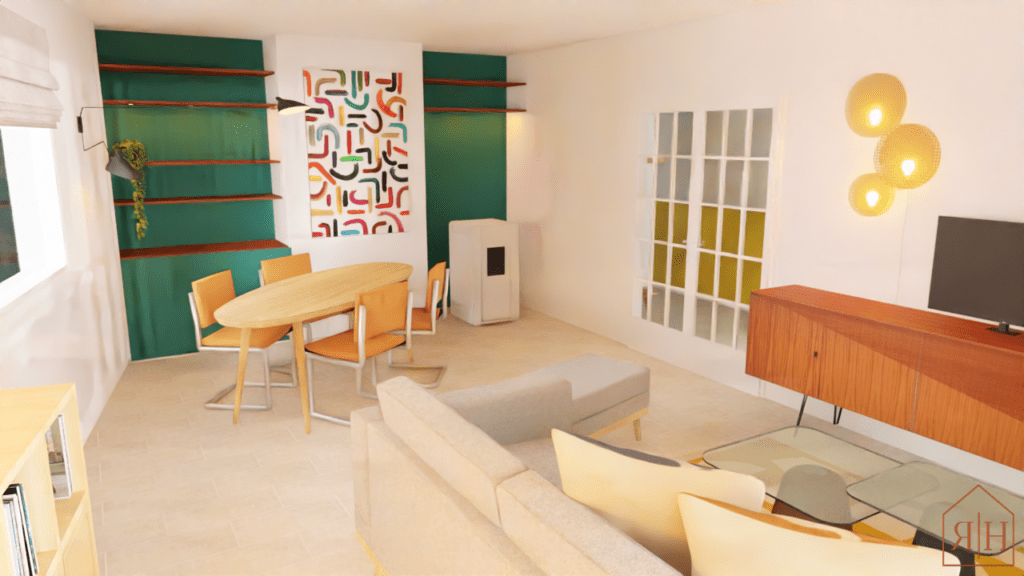 Rendu 3D salon vintage coloré