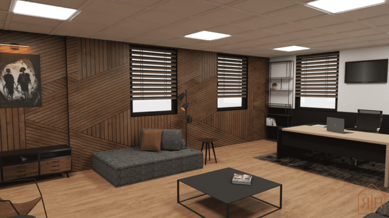 Proposition rendue 3D décoration bureau moderne contemporain noyer noir bois foncé